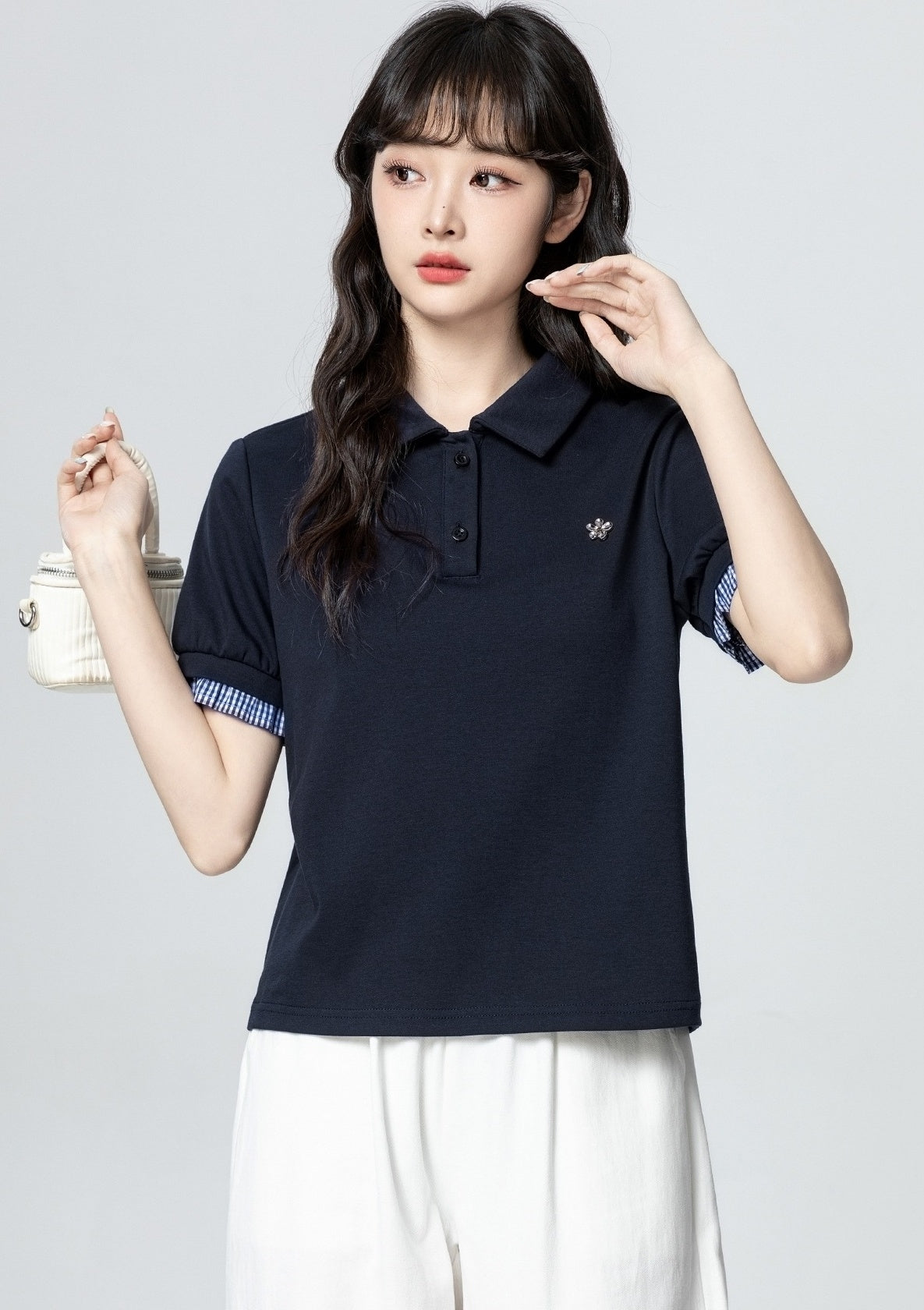 Navy Blue Polo Collar Short Sleeve Top