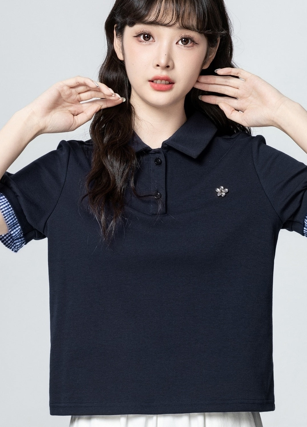Navy Blue Polo Collar Short Sleeve Top