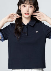 Navy Blue Polo Collar Short Sleeve Top