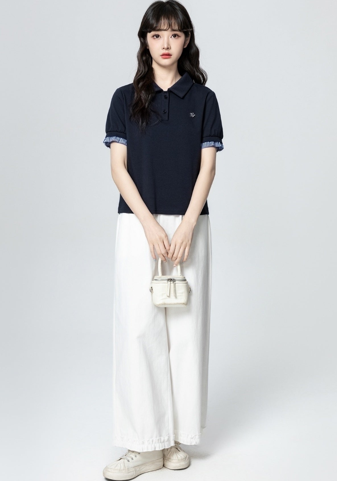 Navy Blue Polo Collar Short Sleeve Top