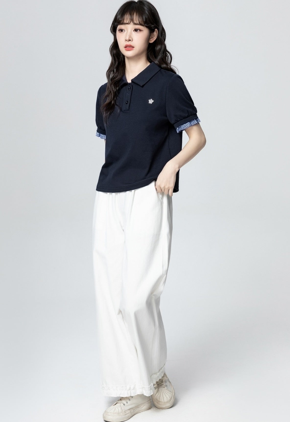 Navy Blue Polo Collar Short Sleeve Top
