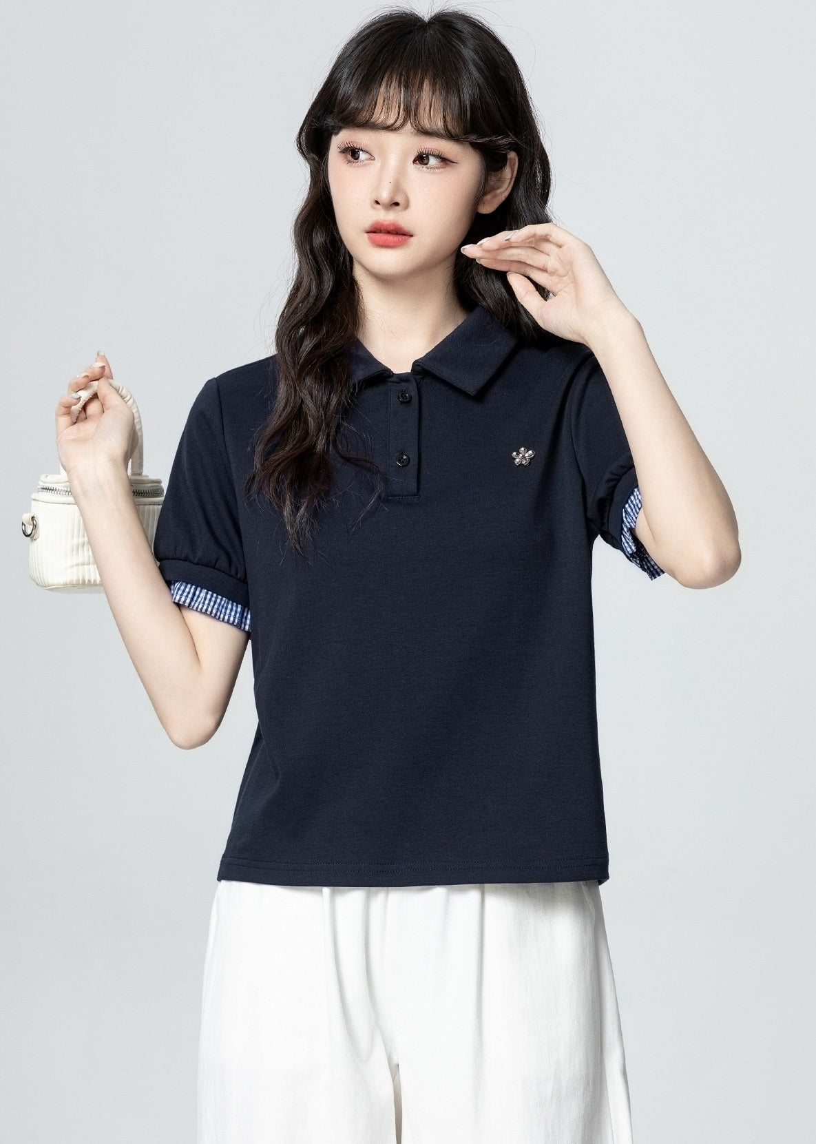 Navy Blue Polo Collar Short Sleeve Top