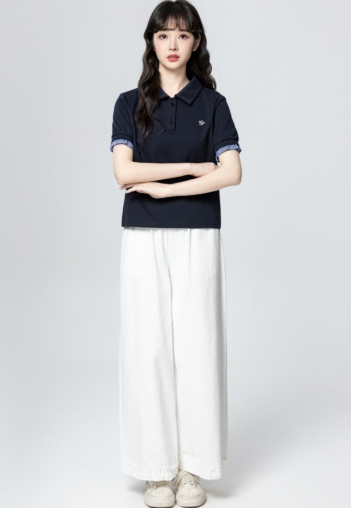 Navy Blue Polo Collar Short Sleeve Top