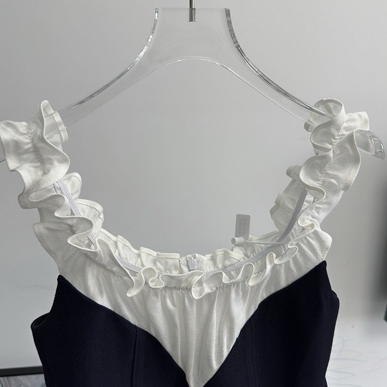 Navy Blue Ruffled Neckline Spliced Dress