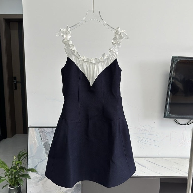 Navy Blue Ruffled Neckline Spliced Dress