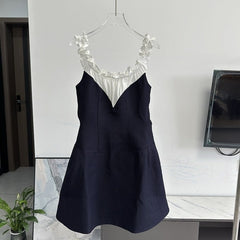Navy Blue Ruffled Neckline Spliced Dress