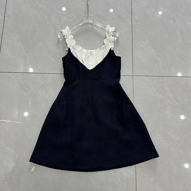 Navy Blue Ruffled Neckline Spliced Dress