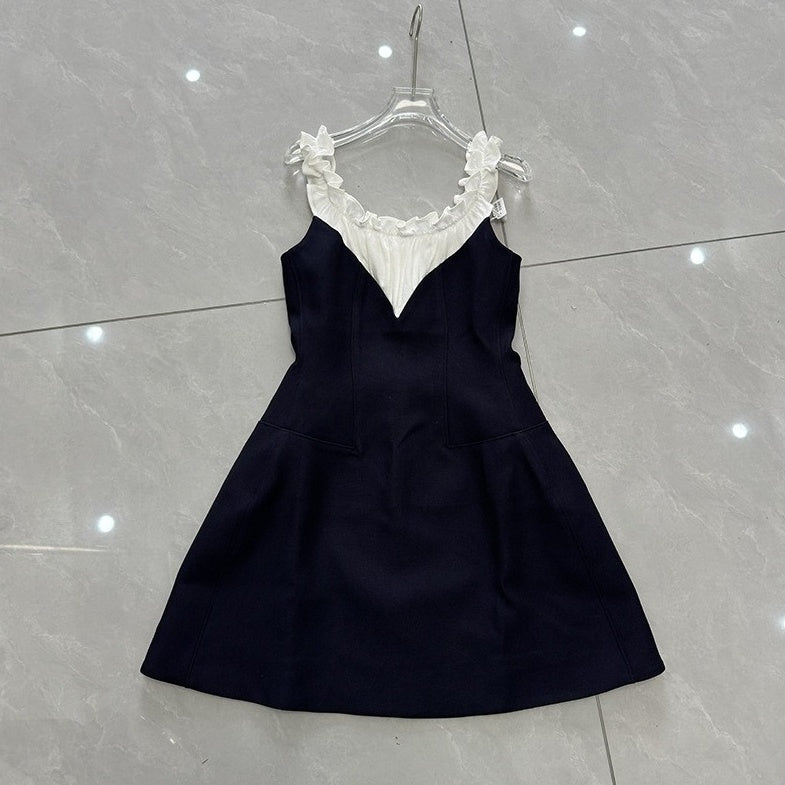 Navy Blue Ruffled Neckline Spliced Dress
