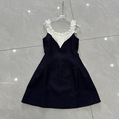 Navy Blue Ruffled Neckline Spliced Dress