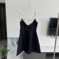 Navy Blue Ruffled Neckline Spliced Dress