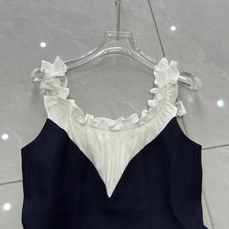 Navy Blue Ruffled Neckline Spliced Dress