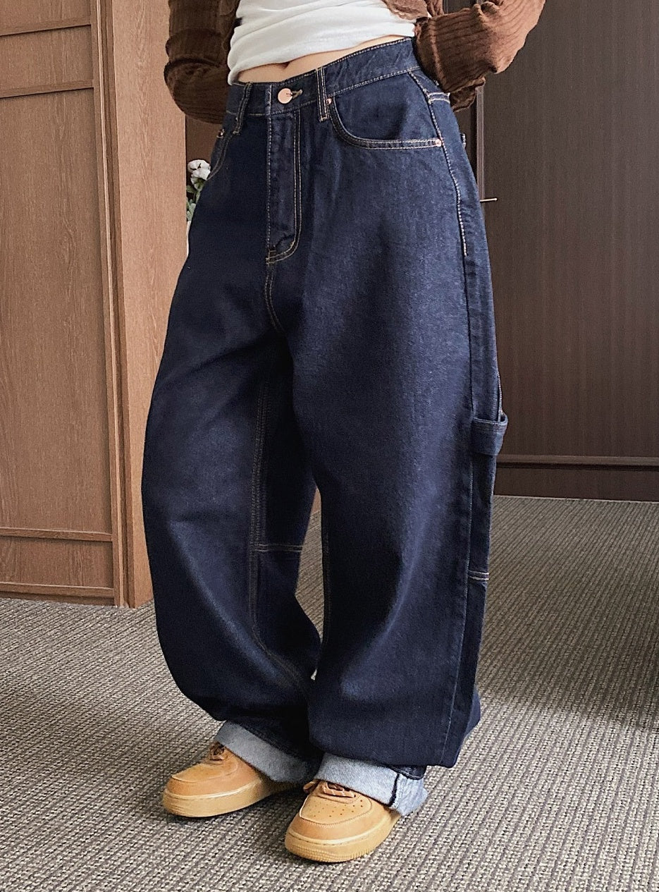 Navy Blue Side-Strap Harem Jeans