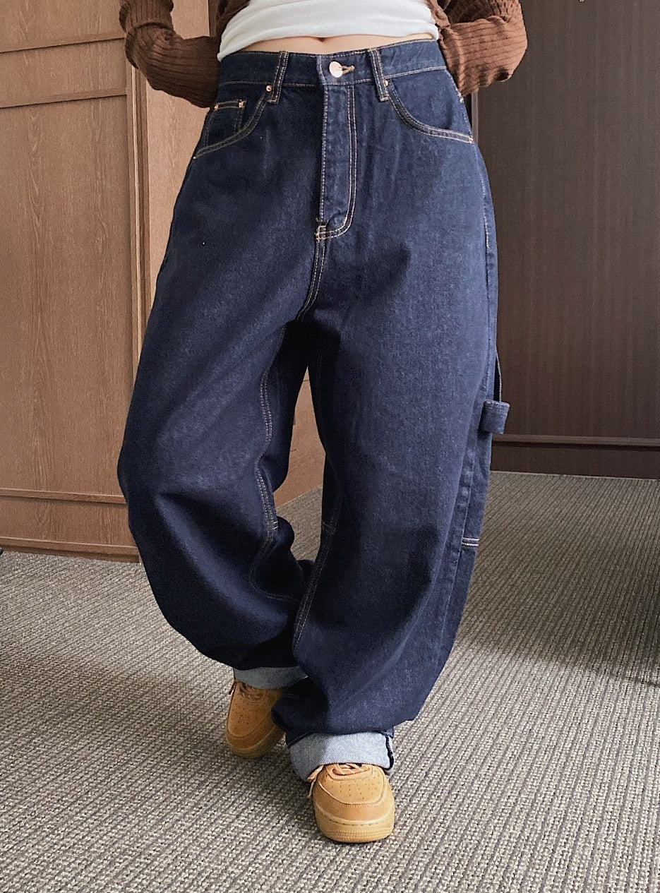 Navy Blue Side-Strap Harem Jeans