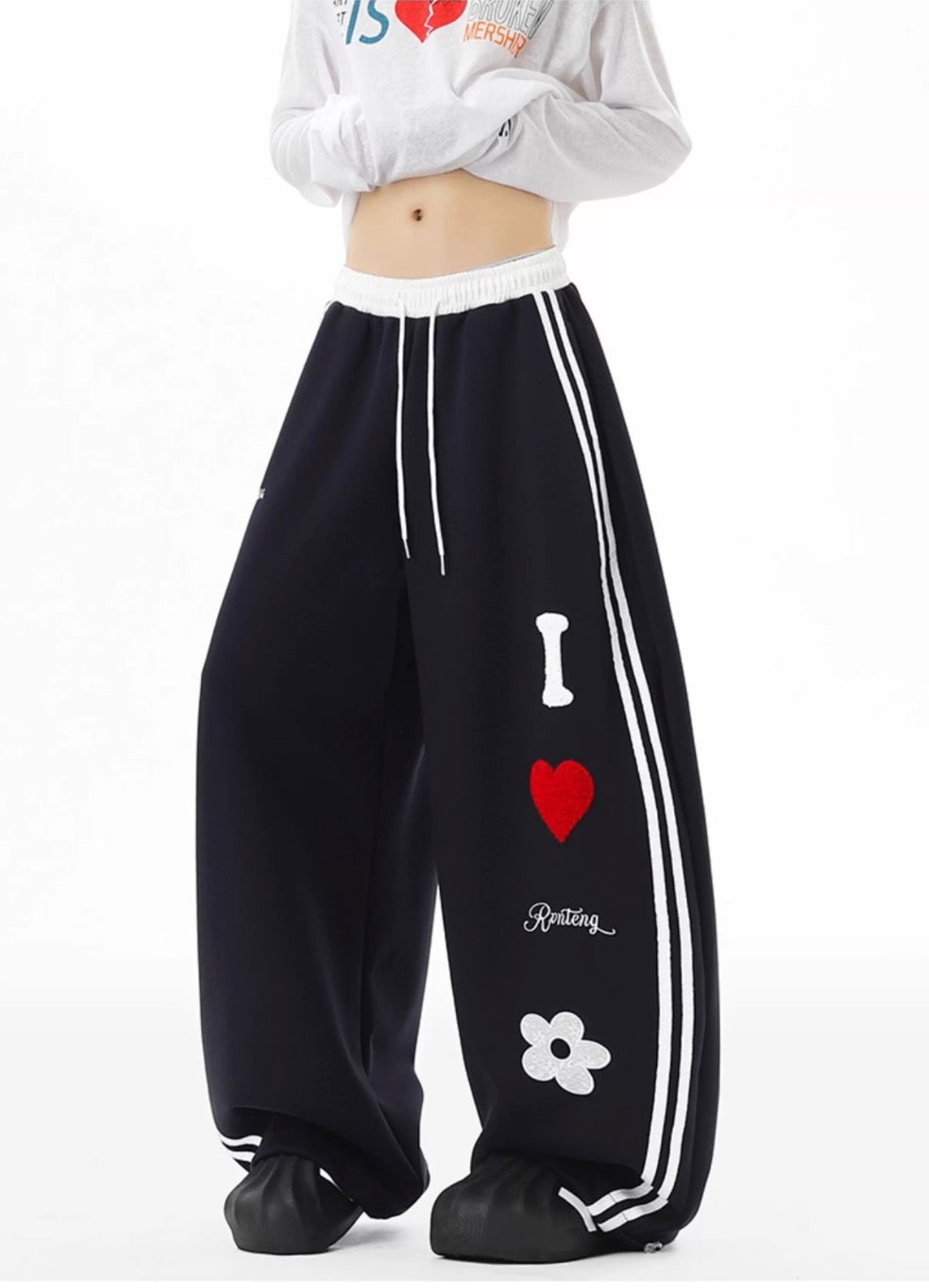 Navy Heart Patch Wide Leg Sweatpants