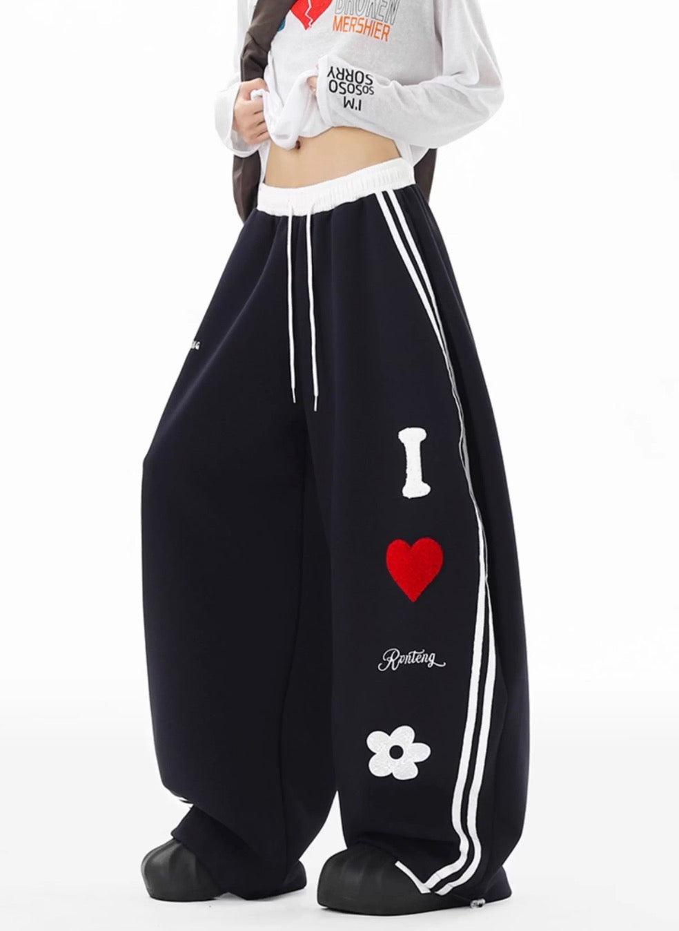 Navy Heart Patch Wide Leg Sweatpants