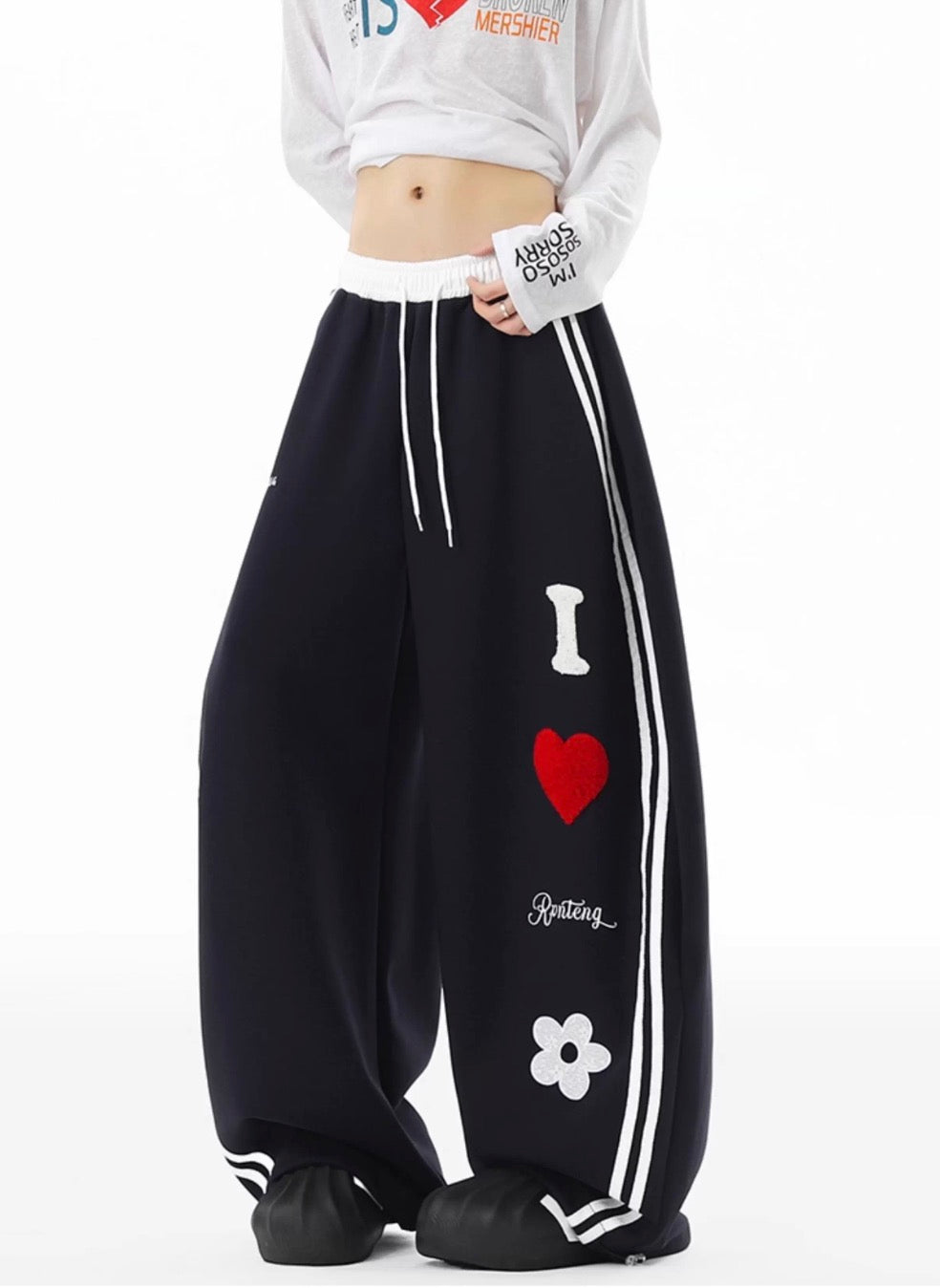Navy Heart Patch Wide Leg Sweatpants