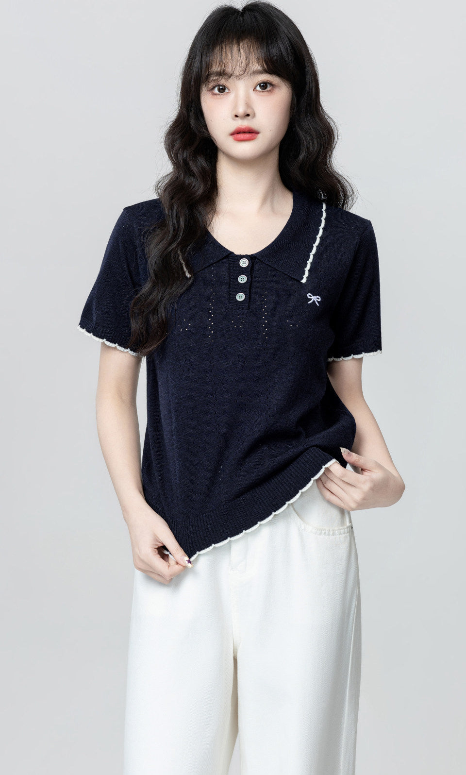 Navy Hollow Knit Short Sleeve Polo Top