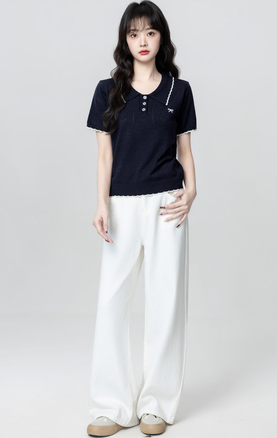 Navy Hollow Knit Short Sleeve Polo Top