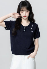 Navy Hollow Knit Short Sleeve Polo Top