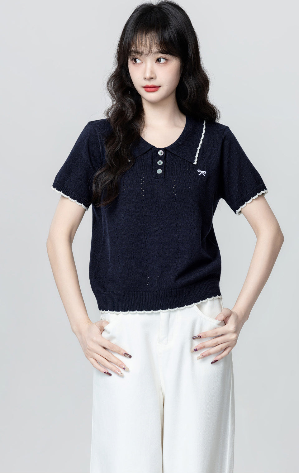 Navy Hollow Knit Short Sleeve Polo Top