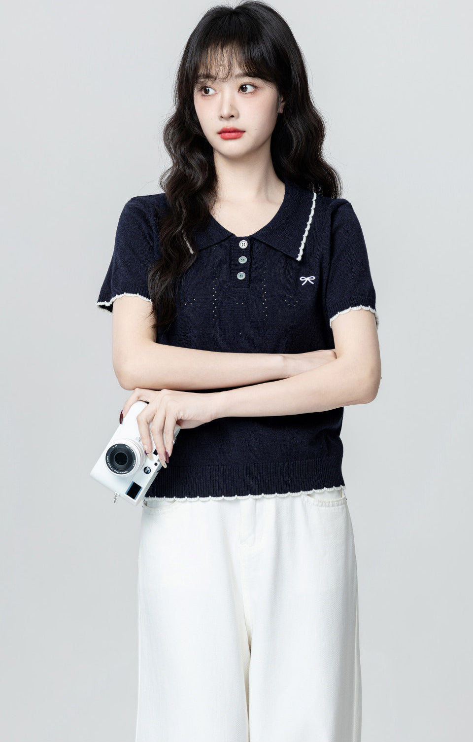 Navy Hollow Knit Short Sleeve Polo Top