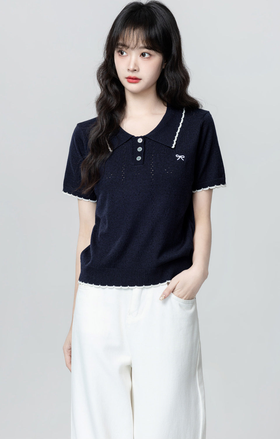 Navy Hollow Knit Short Sleeve Polo Top
