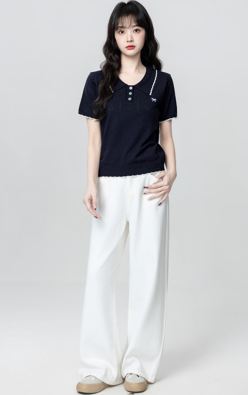 Navy Hollow Knit Short Sleeve Polo Top