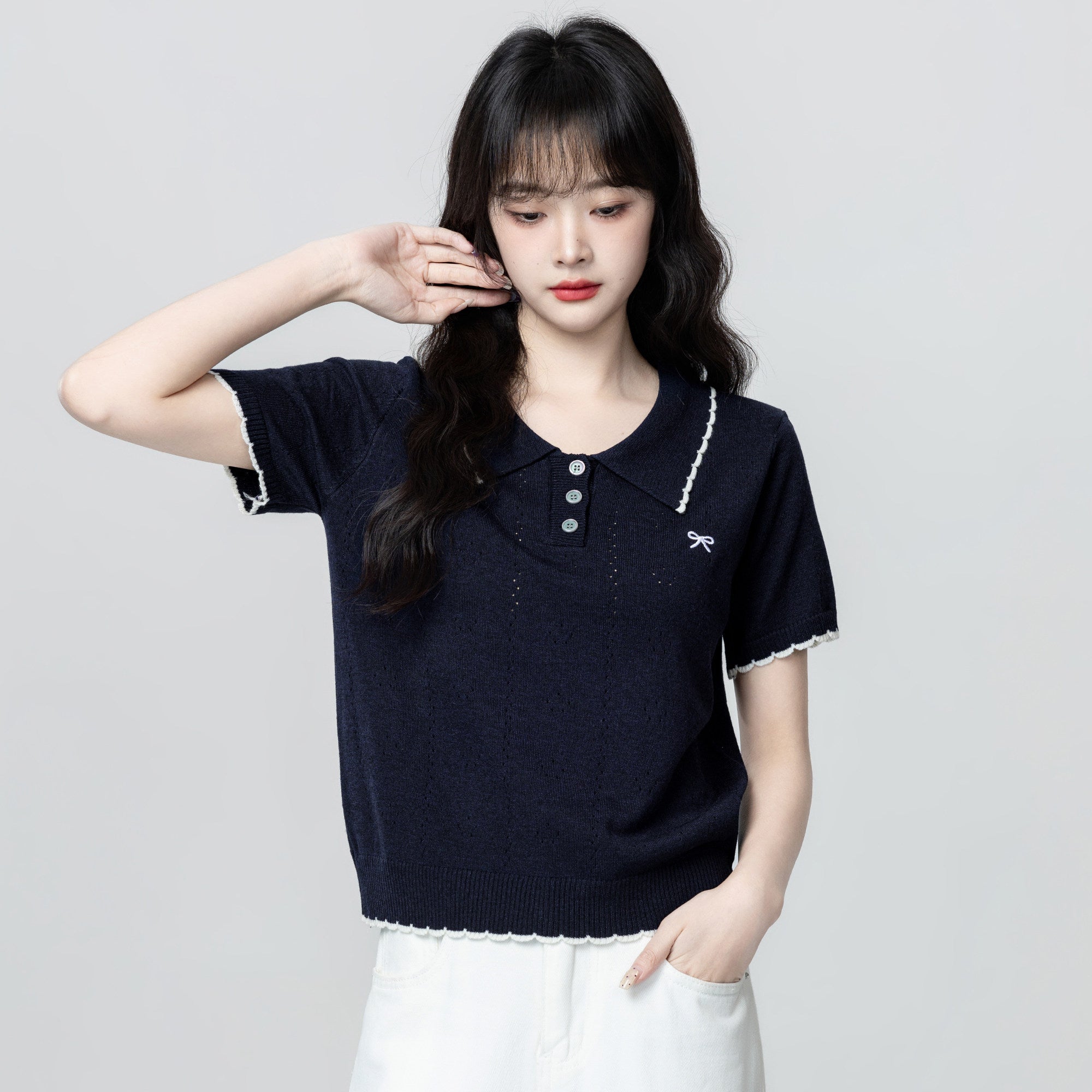 Navy Hollow Knit Short Sleeve Polo Top