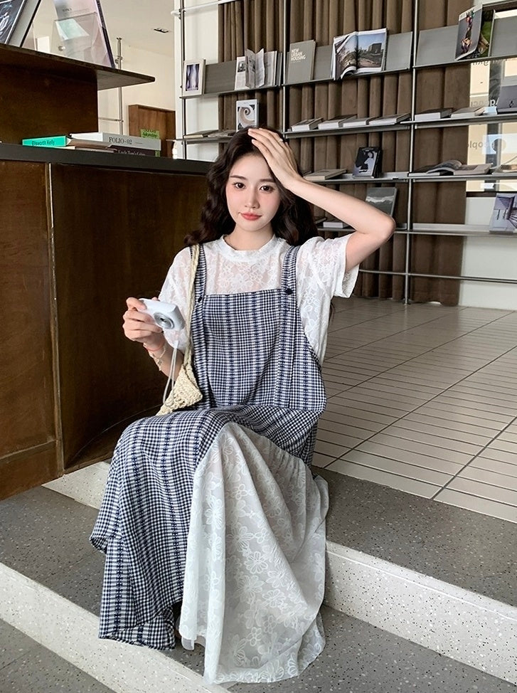 Navy Plaid Suspender Dress Two Piece Summer Set