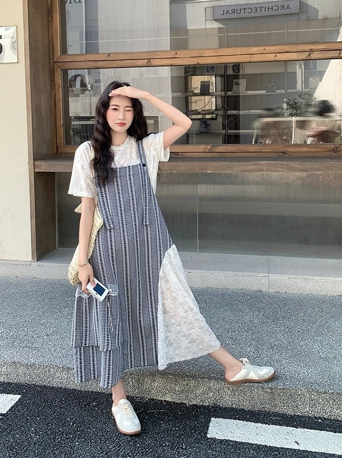 Navy Plaid Suspender Dress Two Piece Summer Set