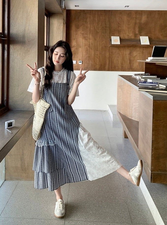 Navy Plaid Suspender Dress Two Piece Summer Set