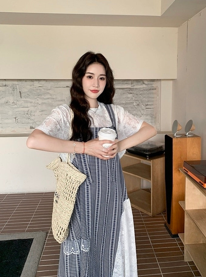 Navy Plaid Suspender Dress Two Piece Summer Set