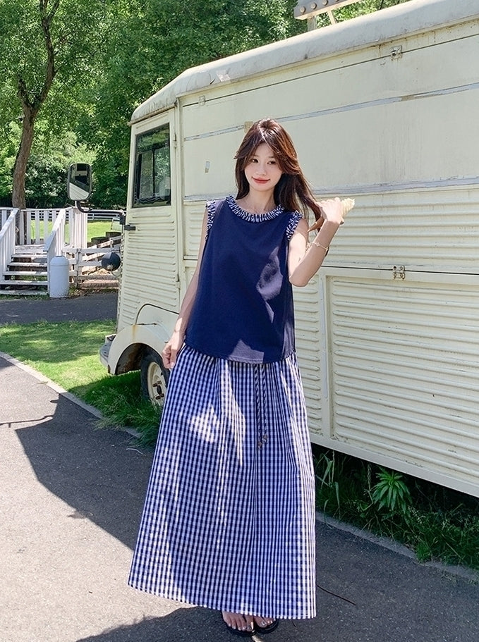 Navy Plaid Vest And Skirt Fashion Set