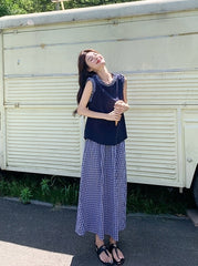 Navy Plaid Vest And Skirt Fashion Set
