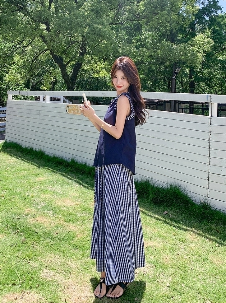 Navy Plaid Vest And Skirt Fashion Set