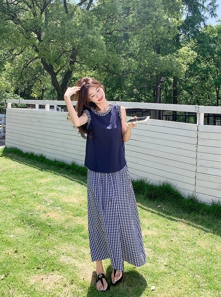 Navy Plaid Vest And Skirt Fashion Set
