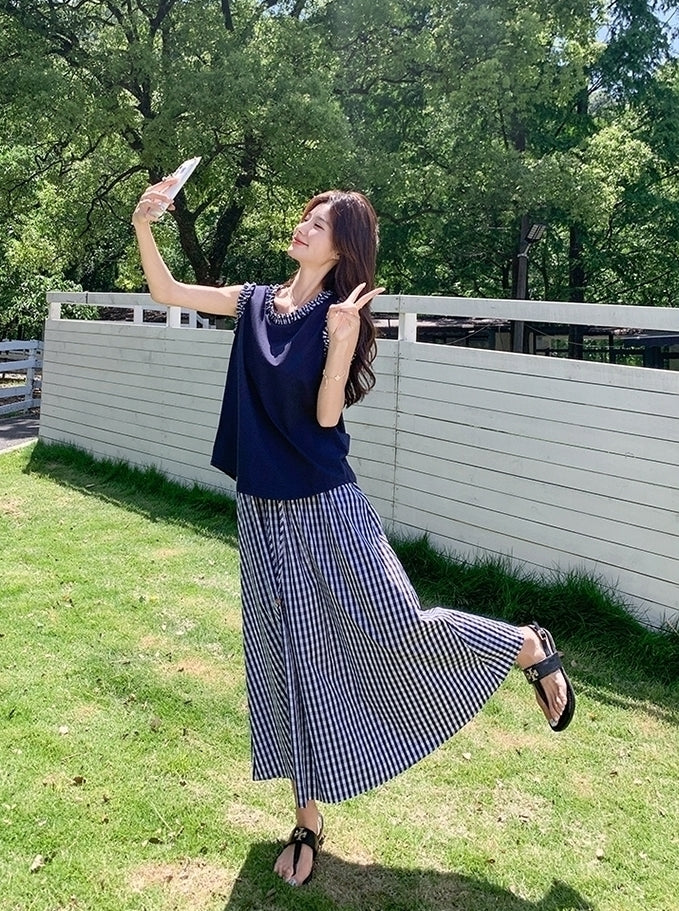 Navy Plaid Vest And Skirt Fashion Set