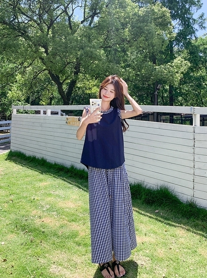 Navy Plaid Vest And Skirt Fashion Set