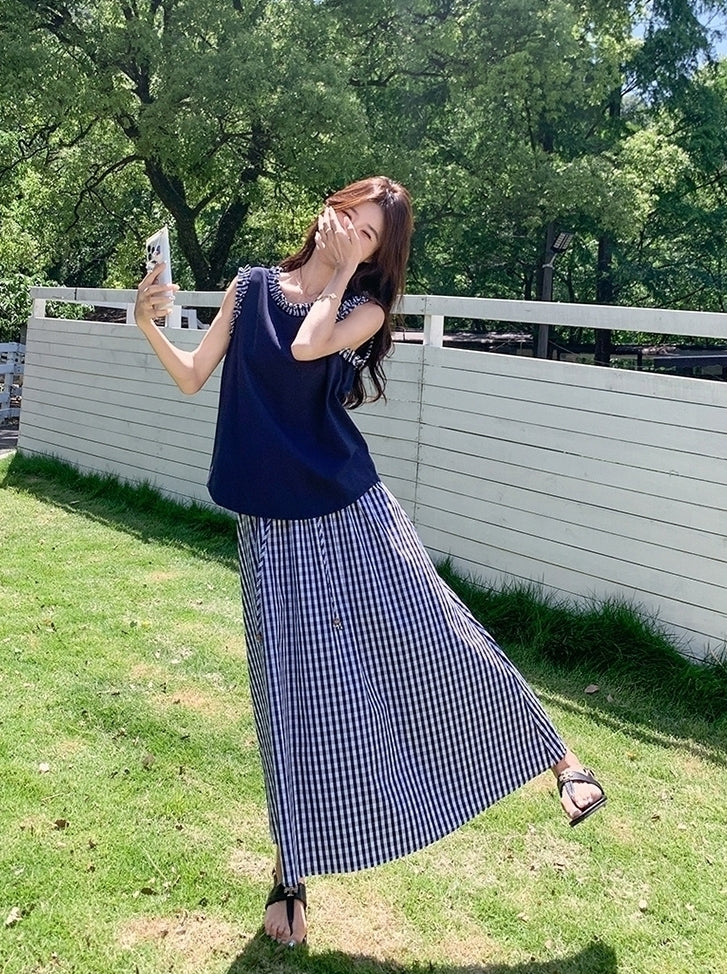 Navy Plaid Vest And Skirt Fashion Set
