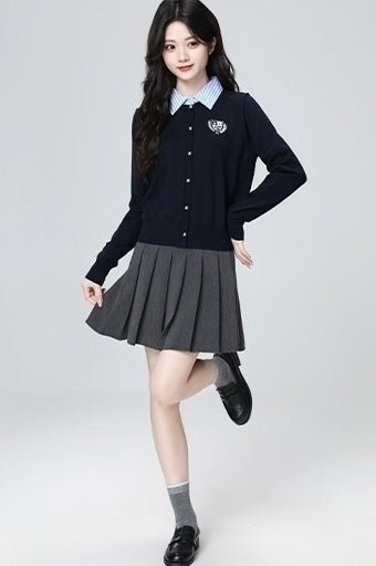 Navy Polo Collar Layered Striped Short Cardigan Top