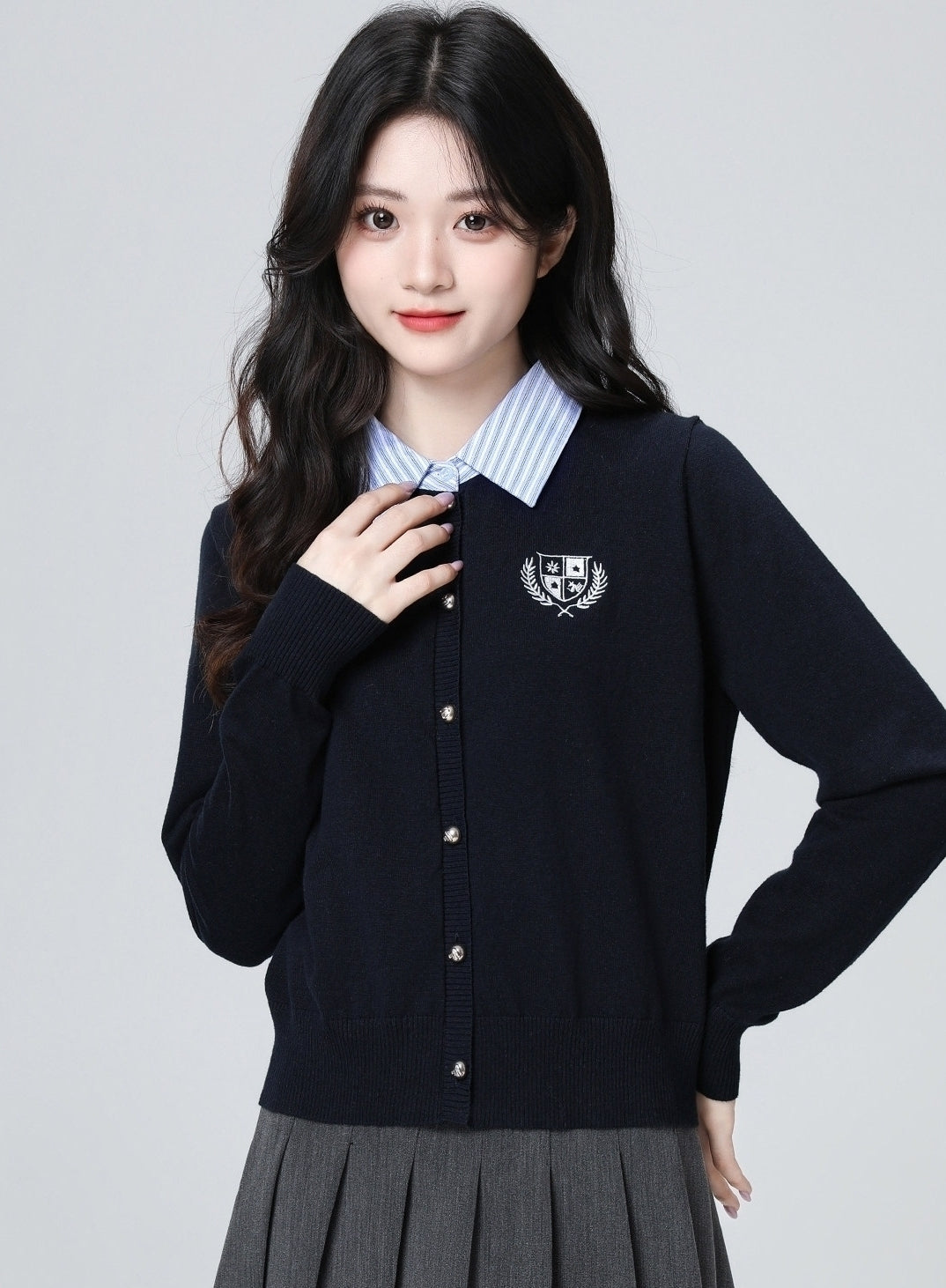Navy Polo Collar Layered Striped Short Cardigan Top