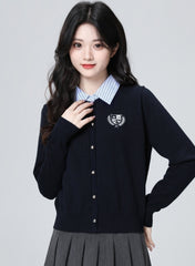 Navy Polo Collar Layered Striped Short Cardigan Top