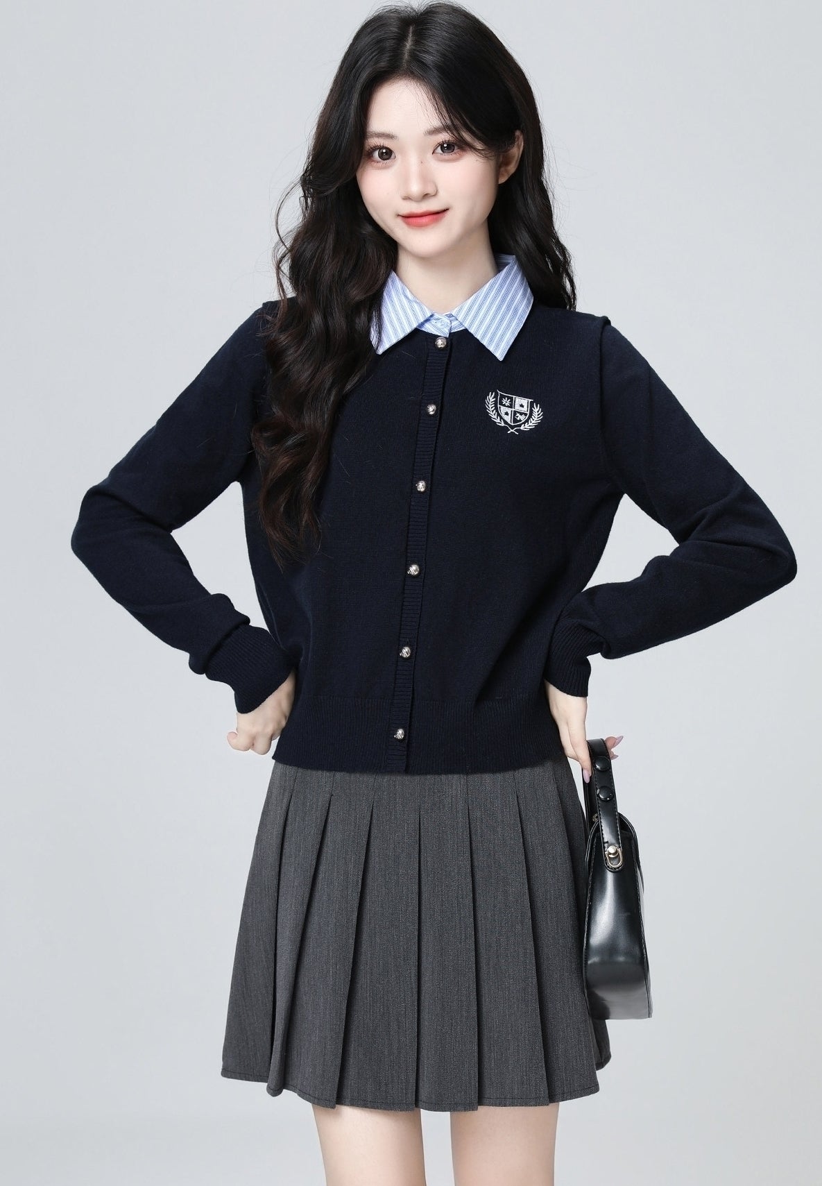 Navy Polo Collar Layered Striped Short Cardigan Top