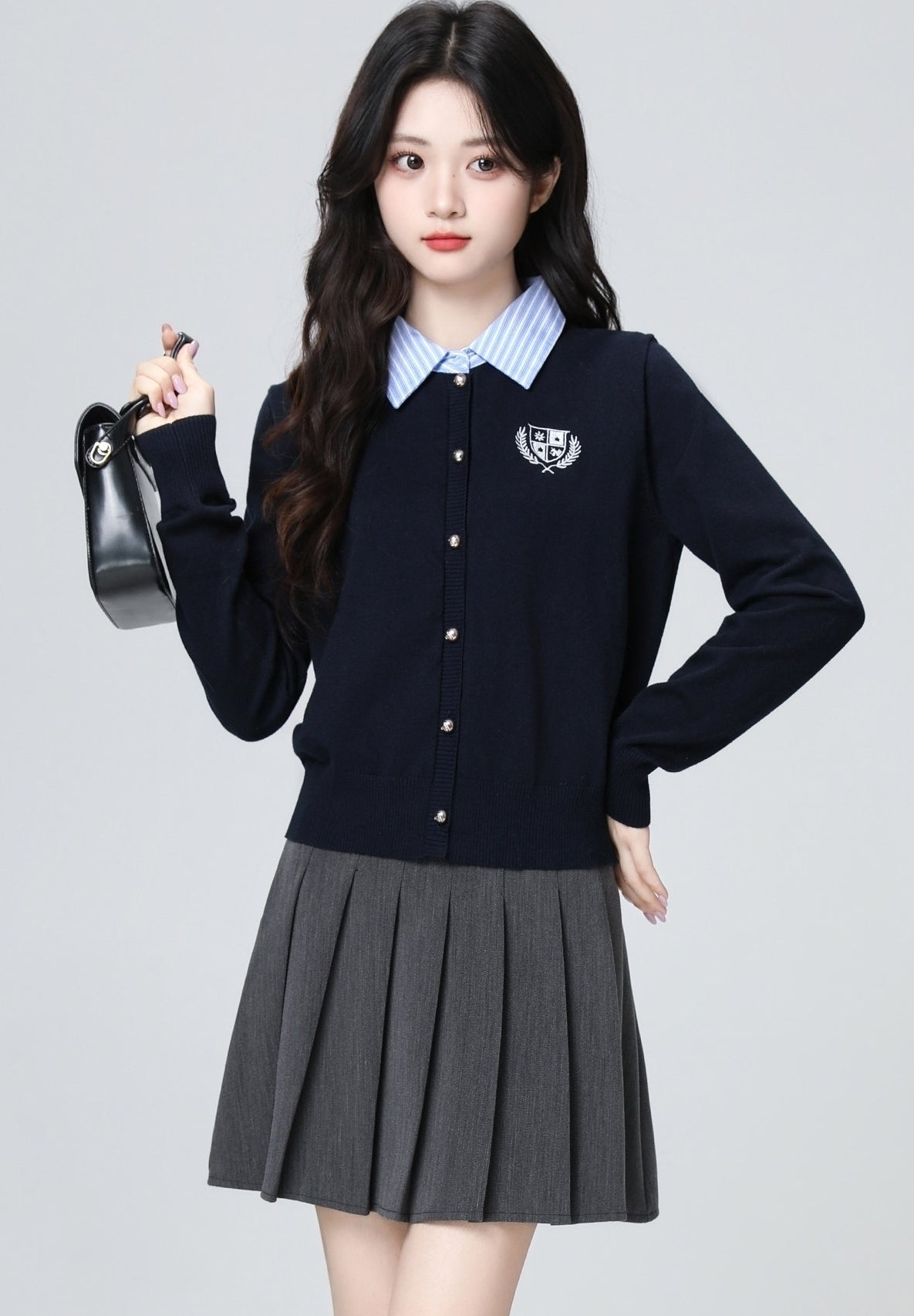 Navy Polo Collar Layered Striped Short Cardigan Top