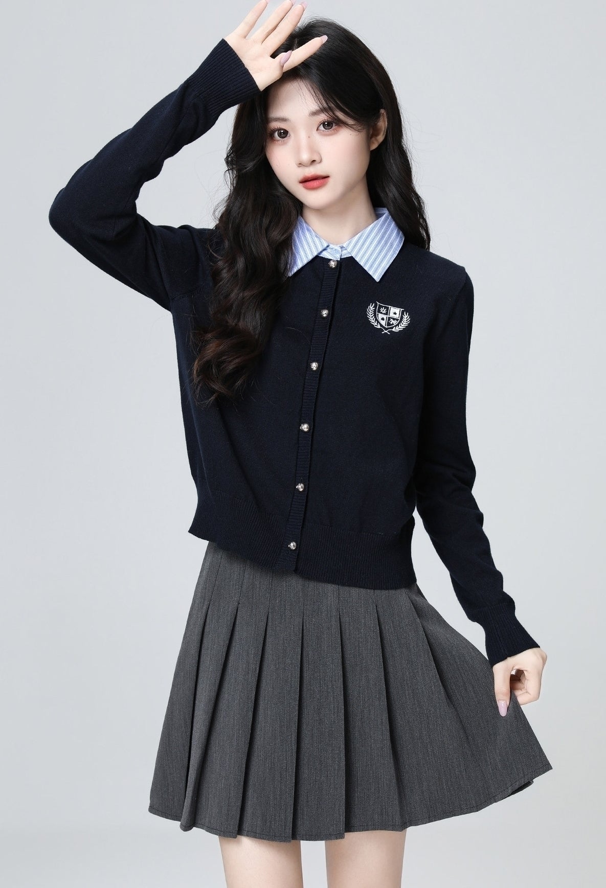 Navy Polo Collar Layered Striped Short Cardigan Top