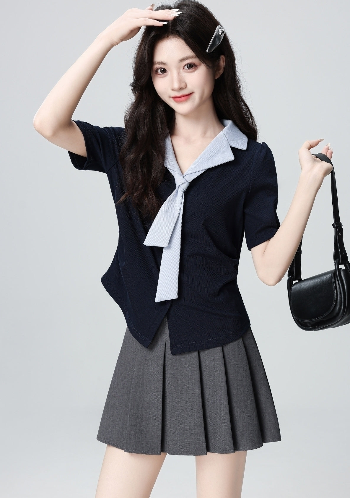 Navy Polo Collar Short Sleeve Tie Top