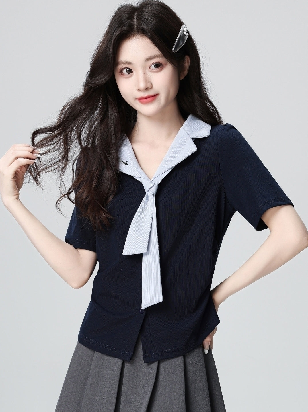 Navy Polo Collar Short Sleeve Tie Top