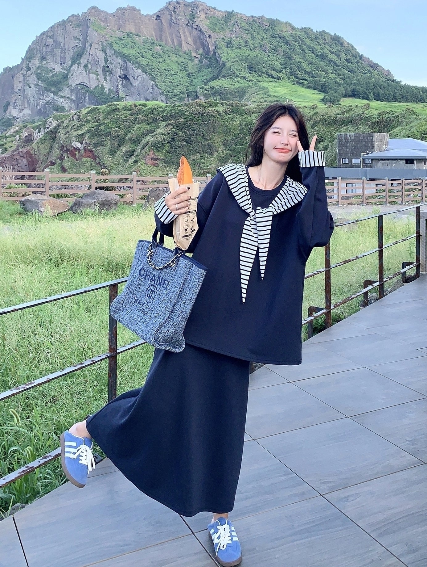 Navy Striped Hoodie Skirt Set Casual Preppy Style