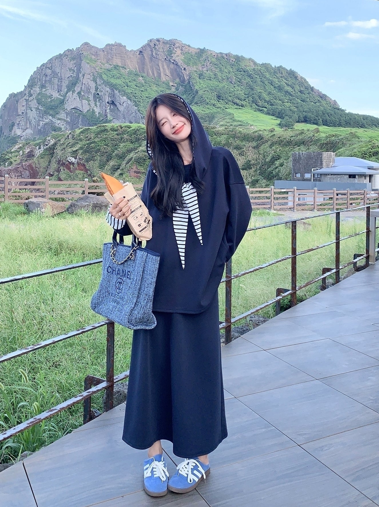 Navy Striped Hoodie Skirt Set Casual Preppy Style