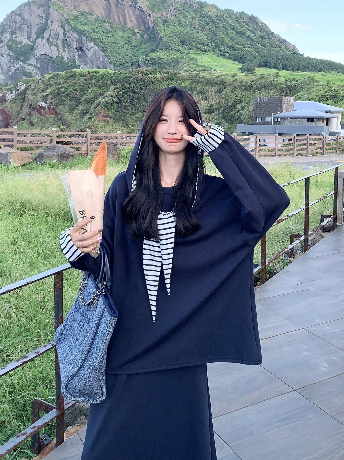 Navy Striped Hoodie Skirt Set Casual Preppy Style